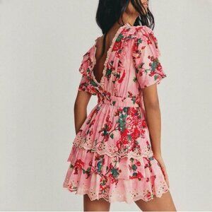 LoveShackFancy Size Small  Aldina Mini Dress Floral Pink Eyelet Lace